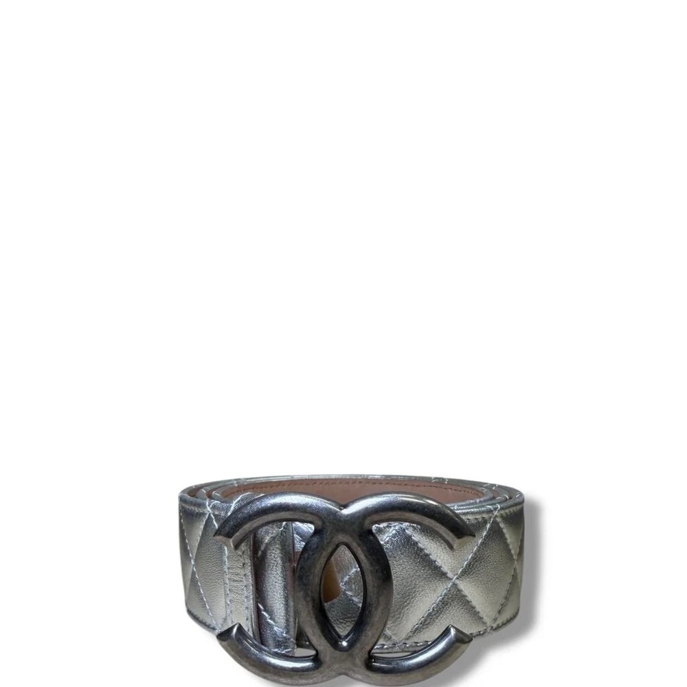 Chanel CC Logo Quilted Metallic Leather Belt Silver 90